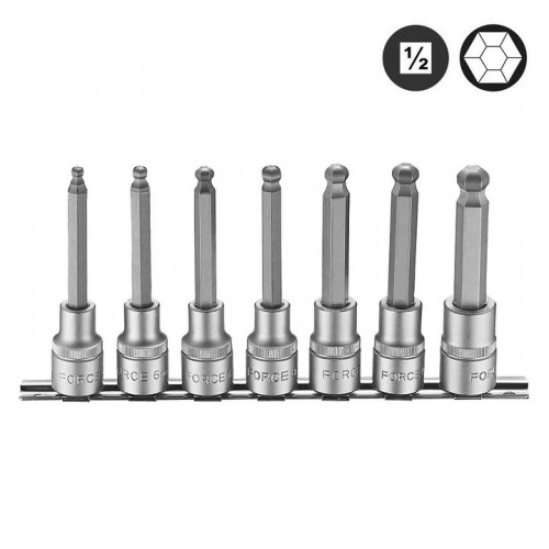 Набор бит в головке 1/2" 6-граных с шаром 7 пр., L=10 мм (5-12 мм) 4076 FORCE