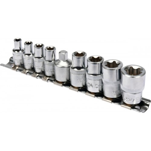 Набор торцевых головок TORX (Е- ТИП) 1/4" + 3/8" с переходником, 9 шт. YATO YT-0520