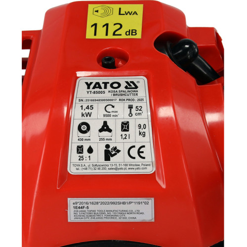 Бензокоса YATO 52см³,1,45кВт,диском 255мм,7500об./хв. YT-85005