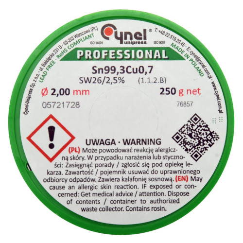 Припій без свинцю Sn99,3-Cu0,7,діаметр 2мм,250г,паяльна проволока з флюсом. CYNEL 76857