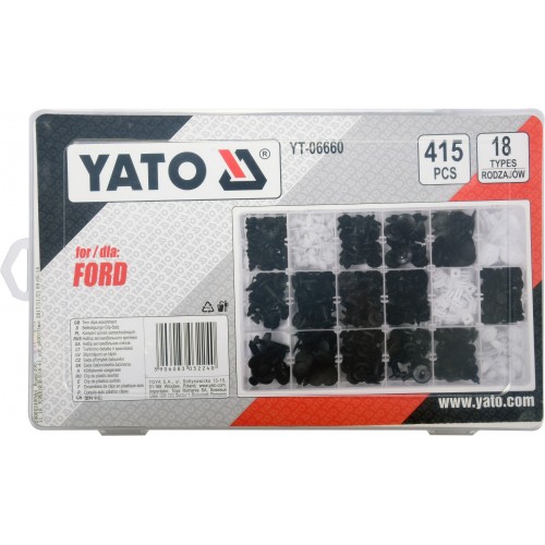 Набор клипс FORD, разные, 18 типоразмеров, 415 шт. YATO YT-06660