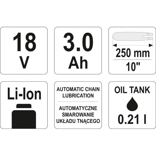 Пила цепная аккумуляторная YATO : 18V Li-Ion, 3,0 А/Час, шина- 25 см YT-85080