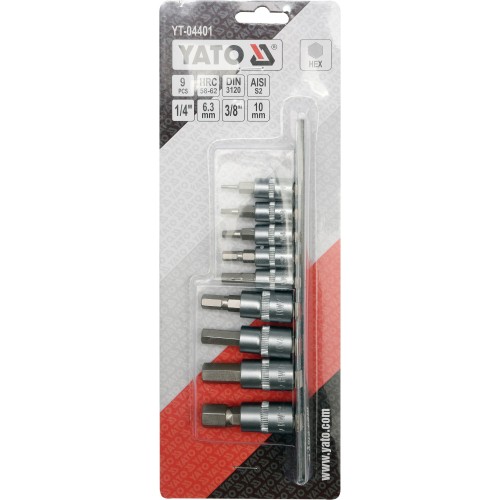 Набор бит вставных 1/4"+ 3/8" со вставкой HEX H2-H12, 9 предметов YATO YT-04401