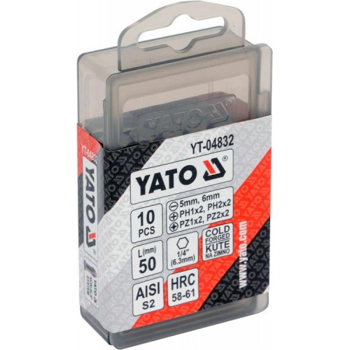 Набор бит SL,PH, PZ, 1/4", длина: 50мм, 10шт.YATO