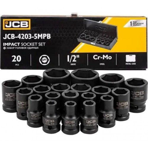 Набір ударних головок 1/2",6-гранних,8-32мм,20 предметів. JCB-4203-5MPB