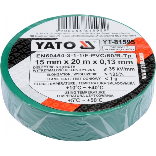 Изолента ПВХ 15мм х 20м х 0.13мм (зеленая) Yato YT-81595