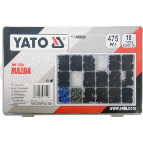Набор клипс MAZDA, разные, 18 типоразмеров, 475 шт. YATO YT-06658
