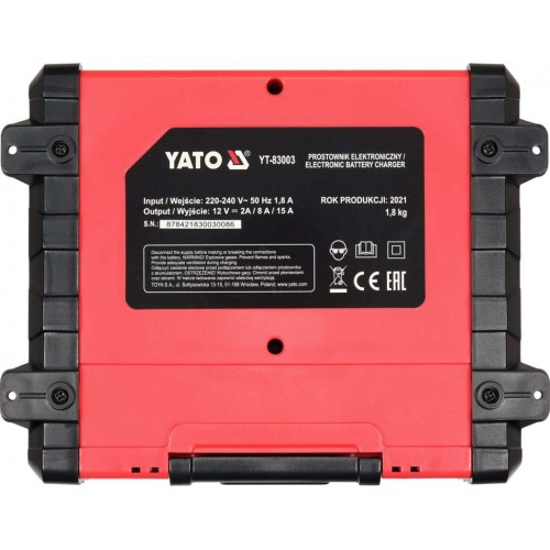 Зарядное кстройство с LCD дисплеем 230В YATO к аккумуляторам 12V-2/8/15А, 240A/год YT-83003