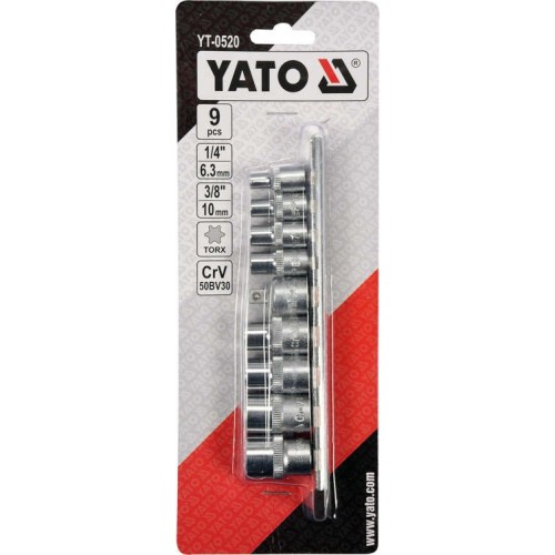 Набор торцевых головок TORX (Е- ТИП) 1/4" + 3/8" с переходником, 9 шт. YATO YT-0520