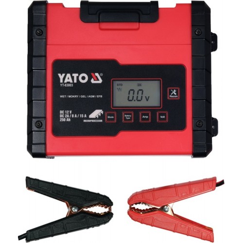 Зарядное кстройство с LCD дисплеем 230В YATO к аккумуляторам 12V-2/8/15А, 240A/год YT-83003
