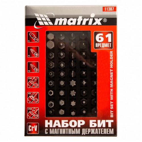 Набор бит с магнитным держателем, CrV, 61 шт. MATRIX