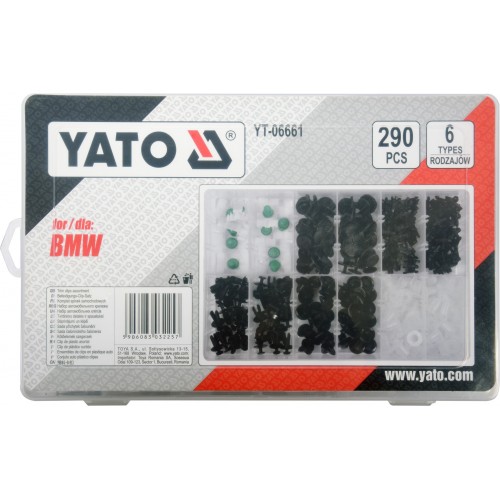 Набор клипс для автомобилей BMW, разные, 6 типоразмеров, 290 шт. YATO YT-06661