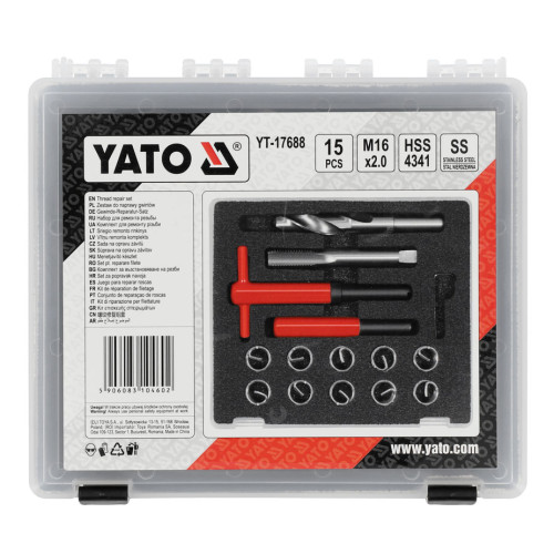 Инструмент для восстановления резьбы (М16×2.0),15 предметов. YATO YT-17688