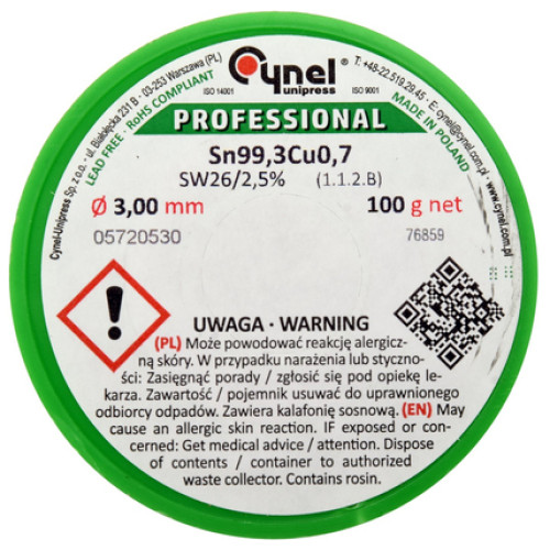 Припій без свинцю Sn99,3-Cu0,7,діаметр 3мм,100г,паяльна проволока з флюсом.CYNEL 76859