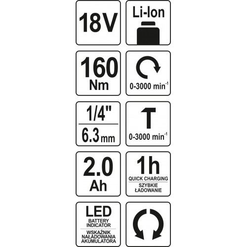 Акумуляторний ударний гайковерт Li-Ion: V= 18 В, 160 Нм, 2 Агод, патрон із квадратом 1/4 YATO YT-82800