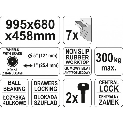 Инструментальная тележка с 7 ящиками, размер: 995х458х680 мм YATO YT-0914