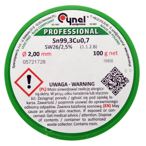 Припій без свинцю Sn99,3-Cu0,7,діаметр 2мм,100г,паяльна проволока з флюсом. CYNEL 76856
