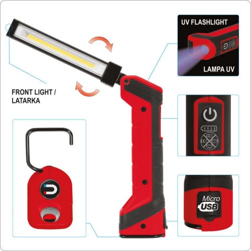 Фонарик многофункциональный аккумуляторный 5W COB, 500LM + 40LM, 2200 А/ч UV T YATO YT-08517