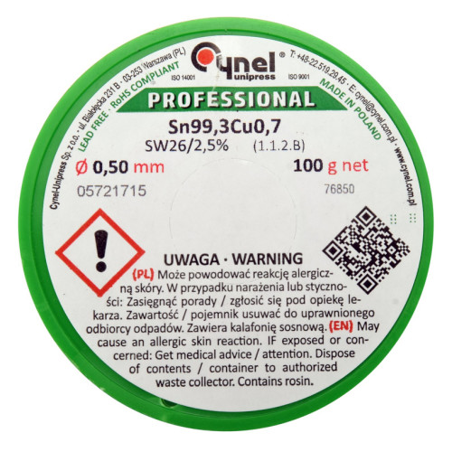 Припой без свинца Sn99,3-Cu0,7,диаметр 0,5мм,100г,паяльная проволока с флюсом. CYNEL 76850