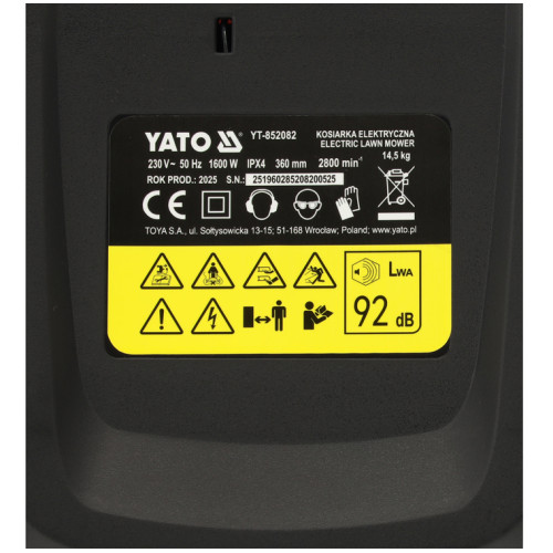 Газонокосилка сетевая 1600Вт,36см,травосборник 45л. YATO YT-852082