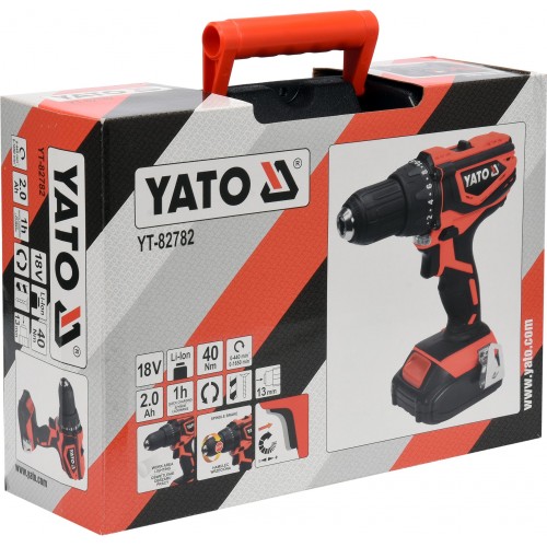 Шуруповерт аккумуляторный 40Nm (18V, 2.0Ah, мотор Mabuchi, патрон Ø≤13мм в кейсе) YATO YT-82782