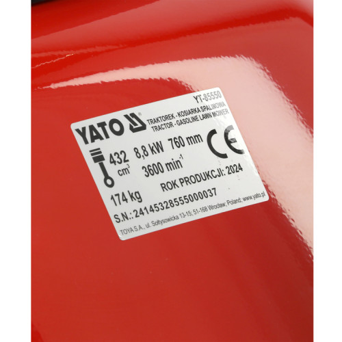 Трактор-газонокосилка бензиновый YATO:8,8кВт,18000мАч, 3600об/мин, ширина 760мм. YT-85550