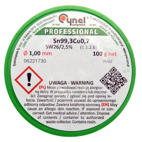 Припой без свинца Sn99,3-Cu0,7,диаметр 1мм,100г,паяльная проволока с флюсом. CYNEL 76852