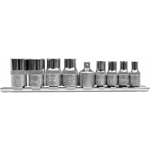 Набор торцевых головок TORX 1/4",3/8" E5–E16 с переходником,9 предметов. YATO YT-0520