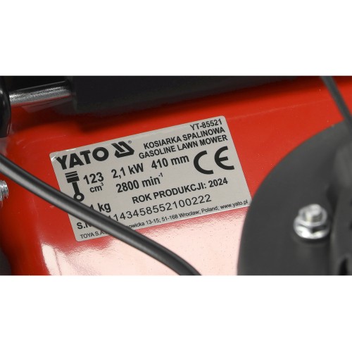Газонокосарка бензинова YATO з приводом : 1,9кВт, ширина різання: Ø= 41см, травозбірник- 40л
