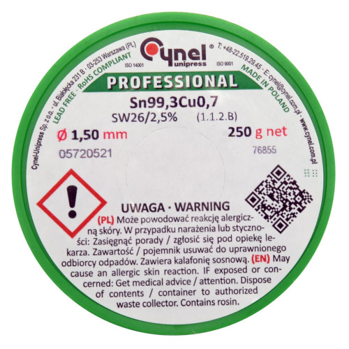 Припой без свинца Sn99,3-Cu0,7,диаметр 1,5мм,250г,паяльная проволока с флюсом. CYNEL 76855
