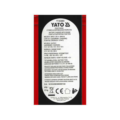 Пуско-зарядний пристрій YATO 12/24 В, 10/30/52 А, старт 520 А (YT-83065)