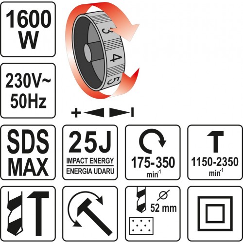 Отбойный молоток электросетевой SDS-MAX P= 1600 Вт, J = 5- 25 Дж. сверло Ø≤ 52 мм YATO YT-82135