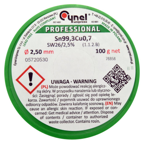 Припій без свинцю Sn99,3-Cu0,7,діаметр 2,5мм,100г,паяльна проволока з флюсом. CYNEL 76858