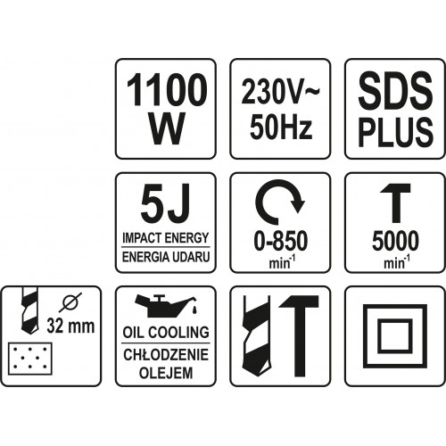 Перфоратор електросетевой SDS+ YATO, P= 1100 Вт, J = 5 Дж. для сверел Ø≤ 32 мм, 3 сверла и 2 пики YT-82123