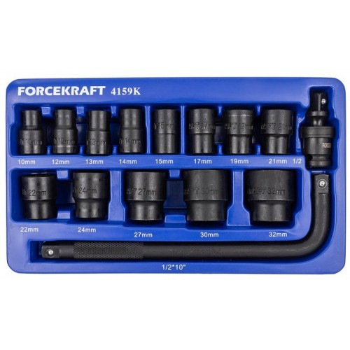 Набір ударних головок 1/2",10-32мм,15 предметів у ложементі. F.KRAFT FK-4159K