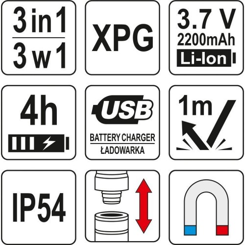 Фонарик 3-в-1 380LM, LI-ION 3.7V 2200MAH, IP54 YT-08521 YATO