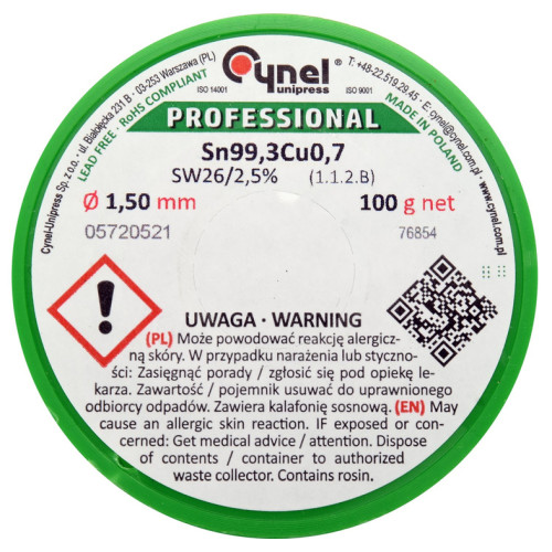 Припой без свинца Sn99,3-Cu0,7,диаметр 1,5мм,100г,паяльная проволока с флюсом. CYNEL 76854