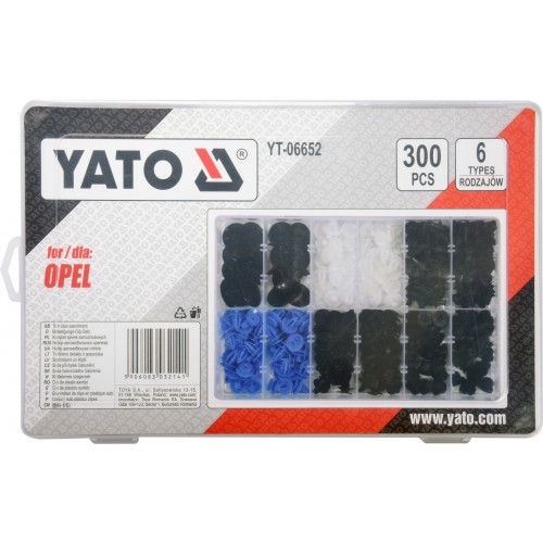 Набор клипс OPEL, разные, 6 типоразмеров, 300 шт. YATO YT-06652