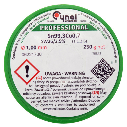 Припой без свинца Sn99,3-Cu0,7,диаметр 1мм,250г,паяльная проволока с флюсом. CYNEL 76853