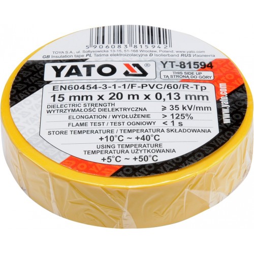 Ізолента ПВХ жовта 15мм х 20м х 0,13мм YATO YT-81594