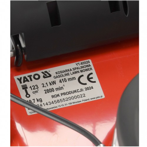 Газонокосарка бензинова YATO 2,1кВт, ширина різання: Ø= 41см, травозбірник- 40л
