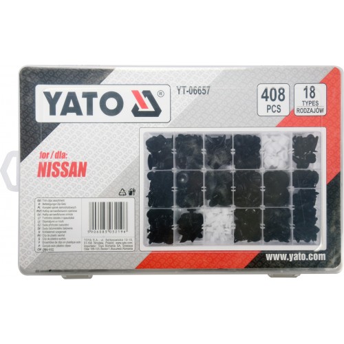 Набор клипс NISSAN, разные, 18 типоразмеров, 418 шт. YATO YT-06657