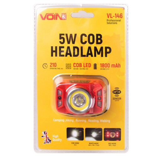 Налобный фонарь аккумуляторный 1800 мАч 5W-COB+(W/R)+5W XPE VOIN VL-146