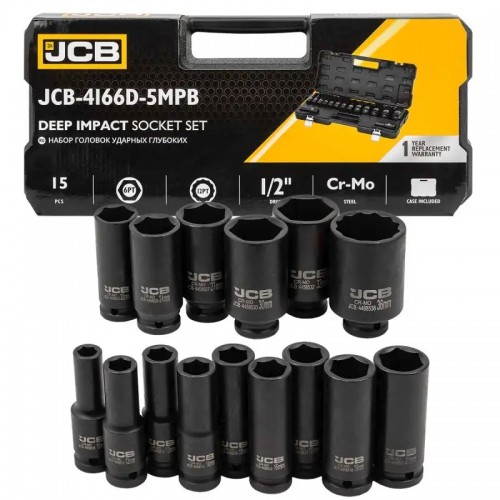 Набор головок ударных глубоких 1/2", 15 ед. (6-гр.) (10-36 мм) JCB-4166D-5MPB