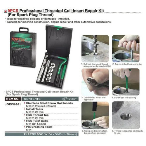 Набор для восстановления резьбы свечных отверстий (М14×1.25),9ед. TOPTUL JGEW0901
