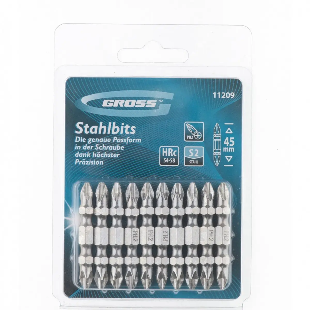 Набір двосторонній біт, PH2-PH2 х 45 мм, сталь S2, 10 шт, GROSS