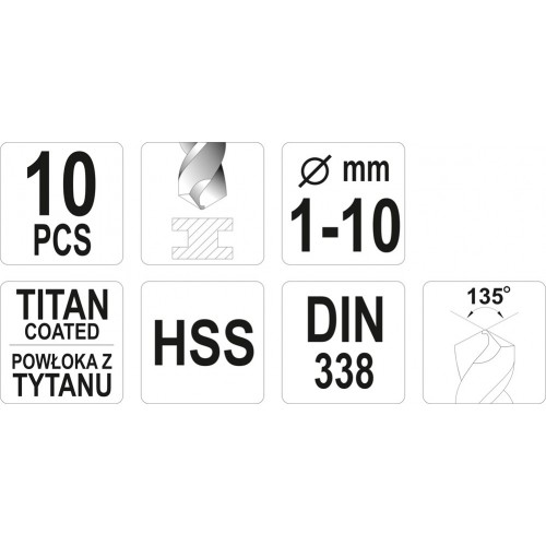 Набор сверл по металлу HSS-tin 10 шт. 1-10мм