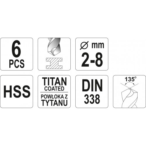 Набор сверл по металлу HSS-tin 6 шт. 2-8мм