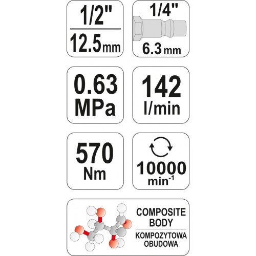 Гайковерт пневматичний 1/2" 570 Nm YATO YT-09505