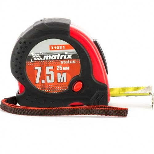Рулетка Status magnet fixation, 7,5 м х 25 мм, гумовий корпус, зачіп з магнітом. MATRIX